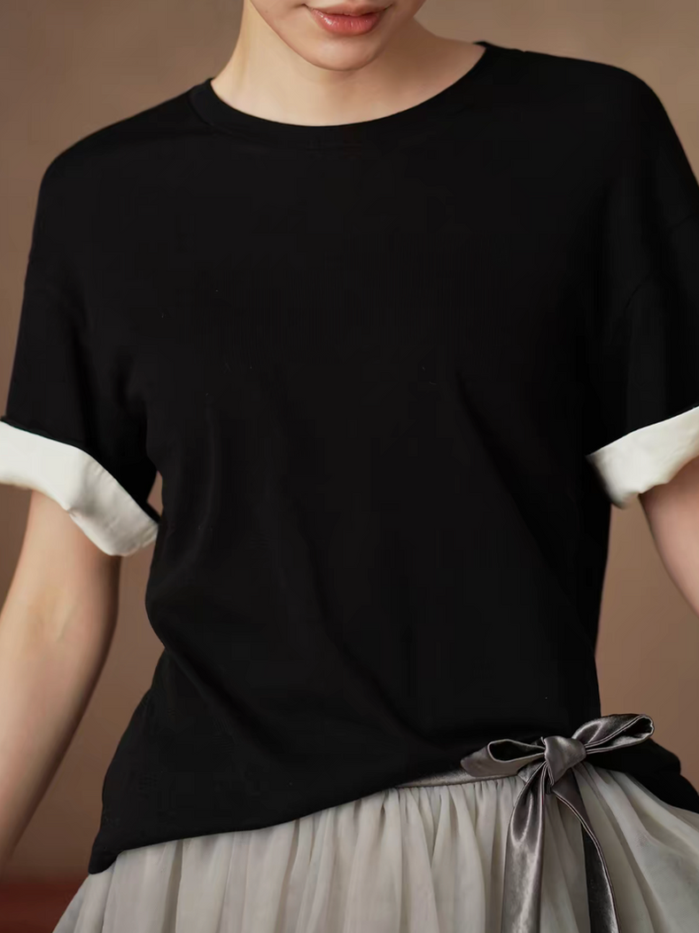 Cotton rayon two way crewneck black bi-color fold sleeves tee 1