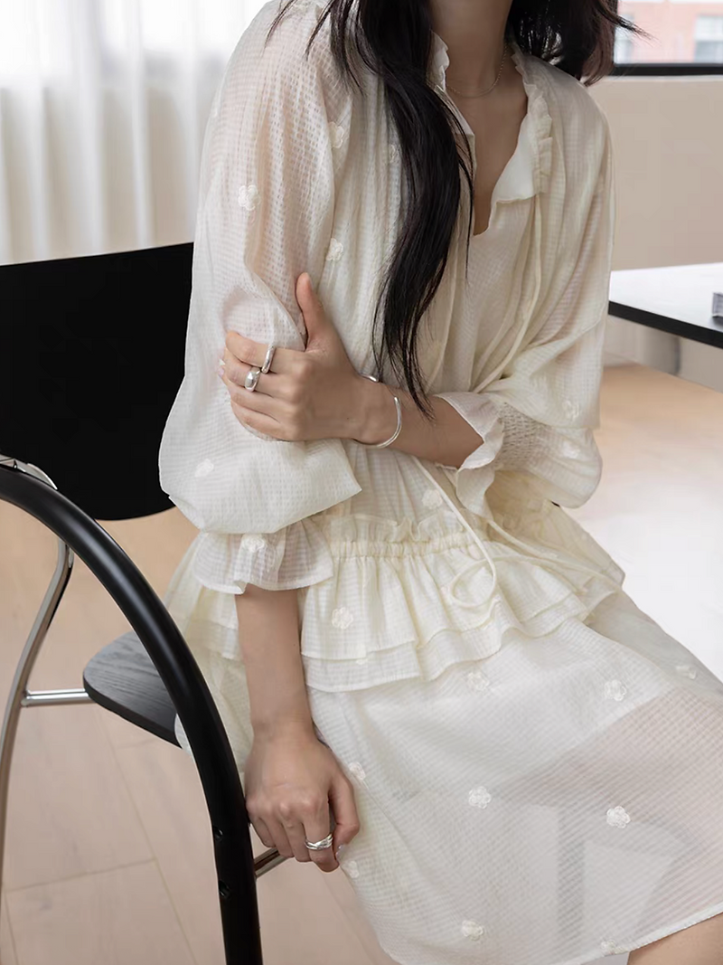 Embossed sheer ruffles trim poly rayon drawstring midi ivory dress 2