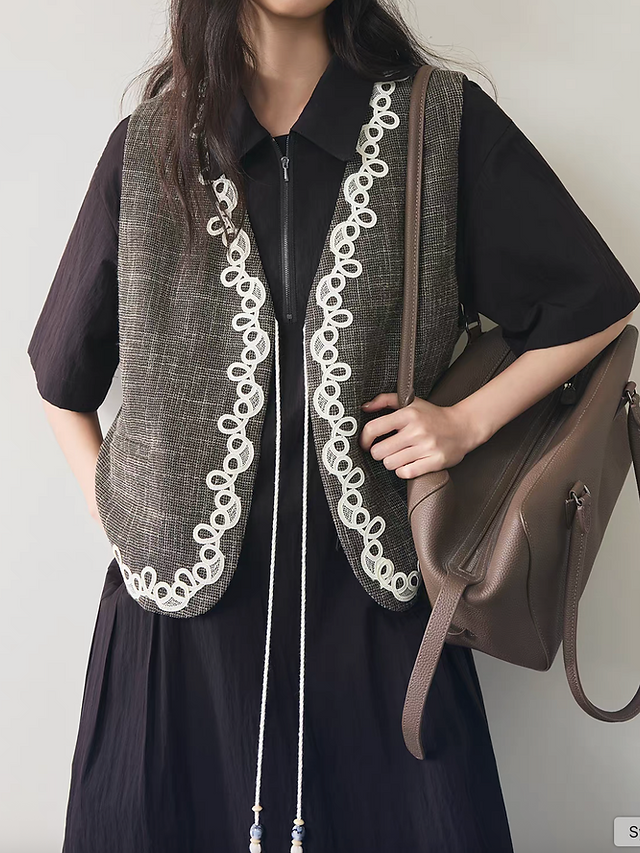 V neck embroidered trim tassels mocha pure cotton checker vest 2