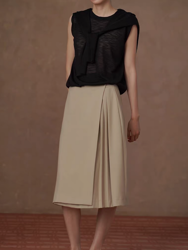 High waisted layered poly rayon khaki pleated skirt 10