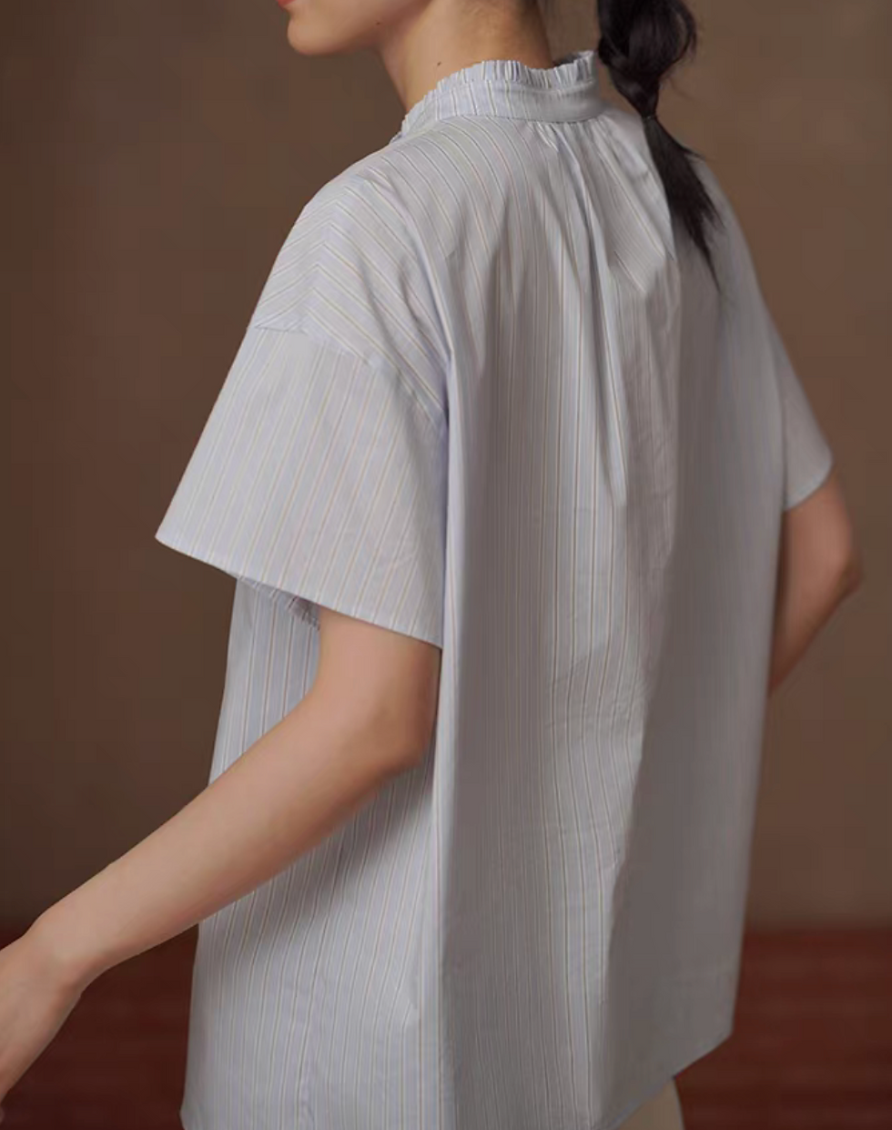 Thumbnail: Ruffle striped pastel blue cotton blouse