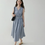 Thumbnail: V neck overlapping cotton grey white blue checker sleeveless dress