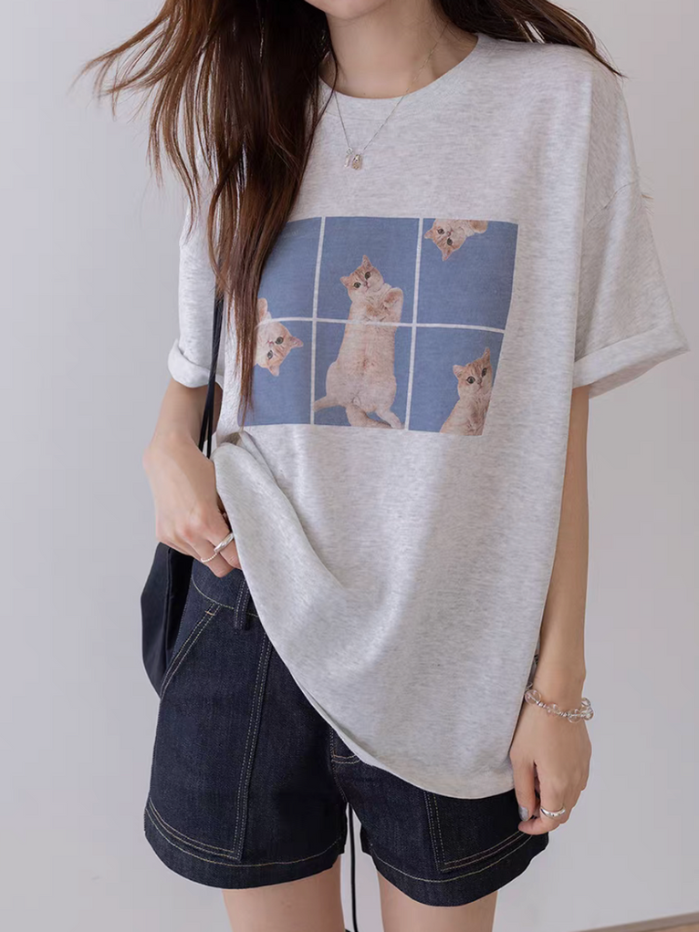 Kittens print crewneck mid length cotton tee 5