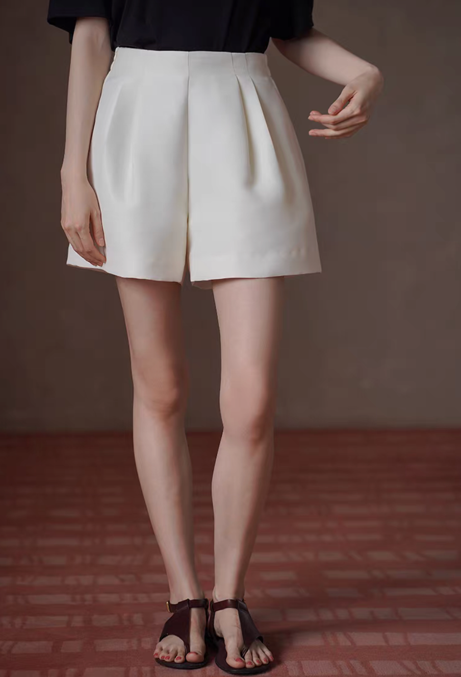 Thumbnail: Back elasticated ivory side zipped high waisted poly rayon shorts
