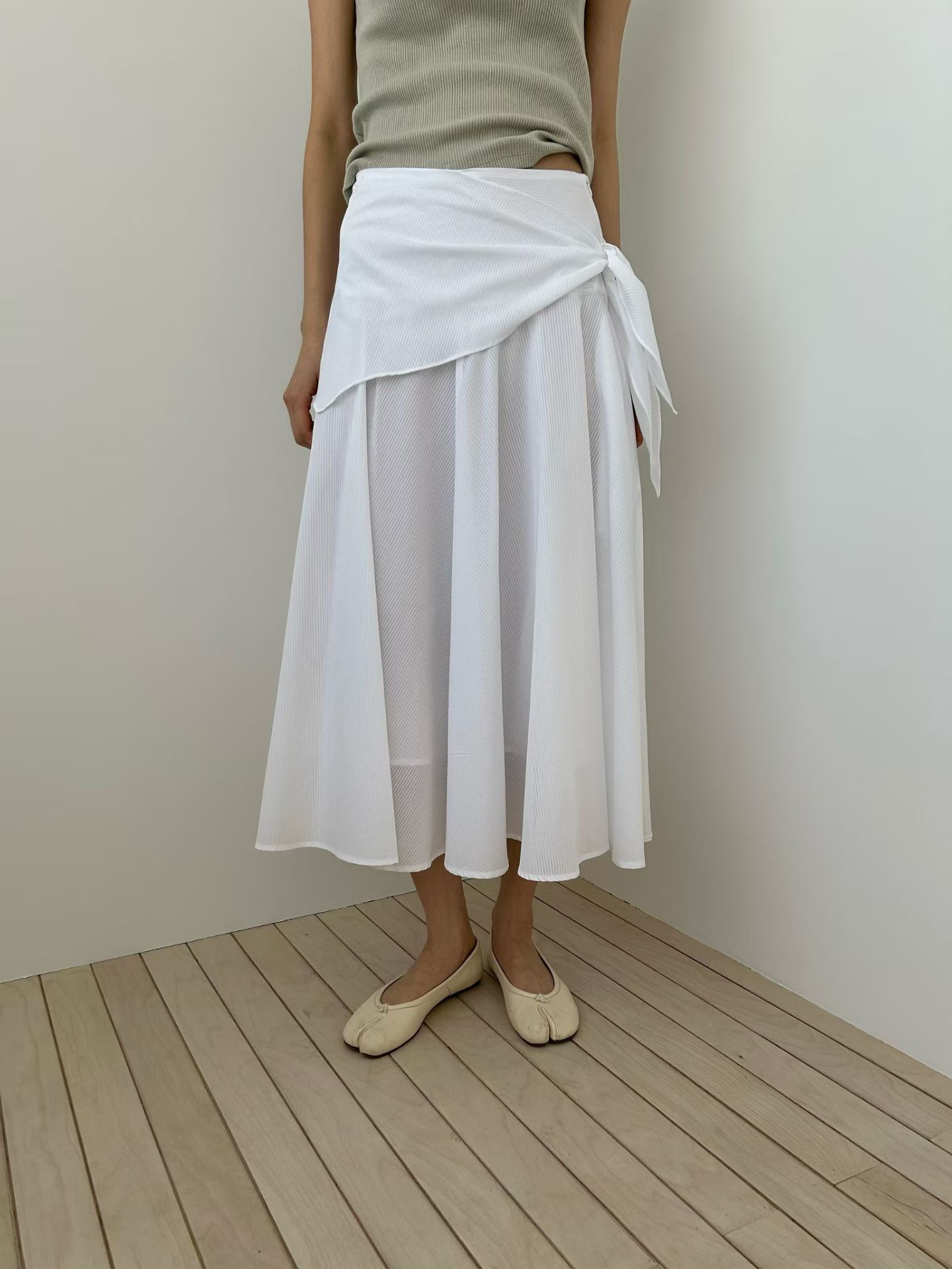 Side knot cotton zipper high waisted table pleated skirt
