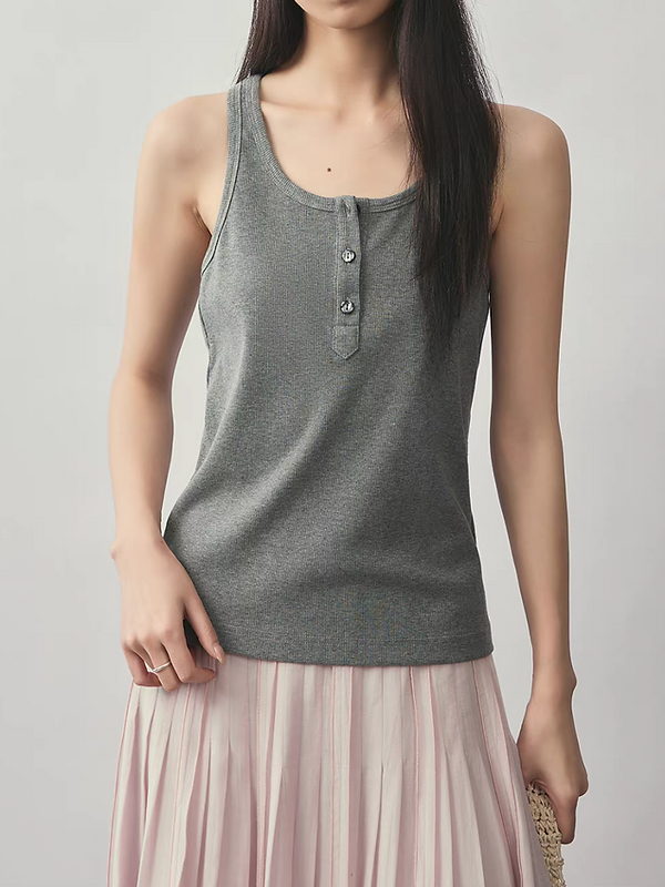 Square neck shell buttoned stretchy grey vest