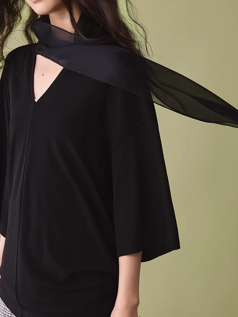Black pure tencel collarate elegant mid sleeved blouse 1