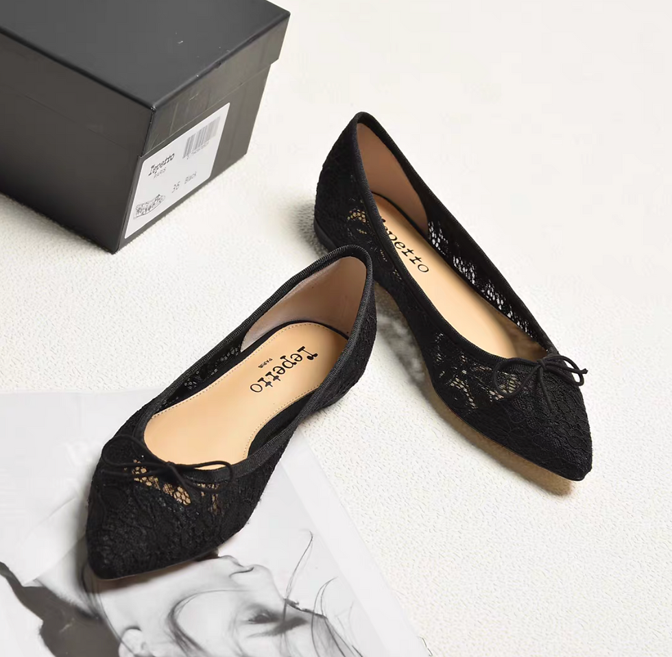Thumbnail: Repetto Paris made in France lace crochet lambskin ribbon flats