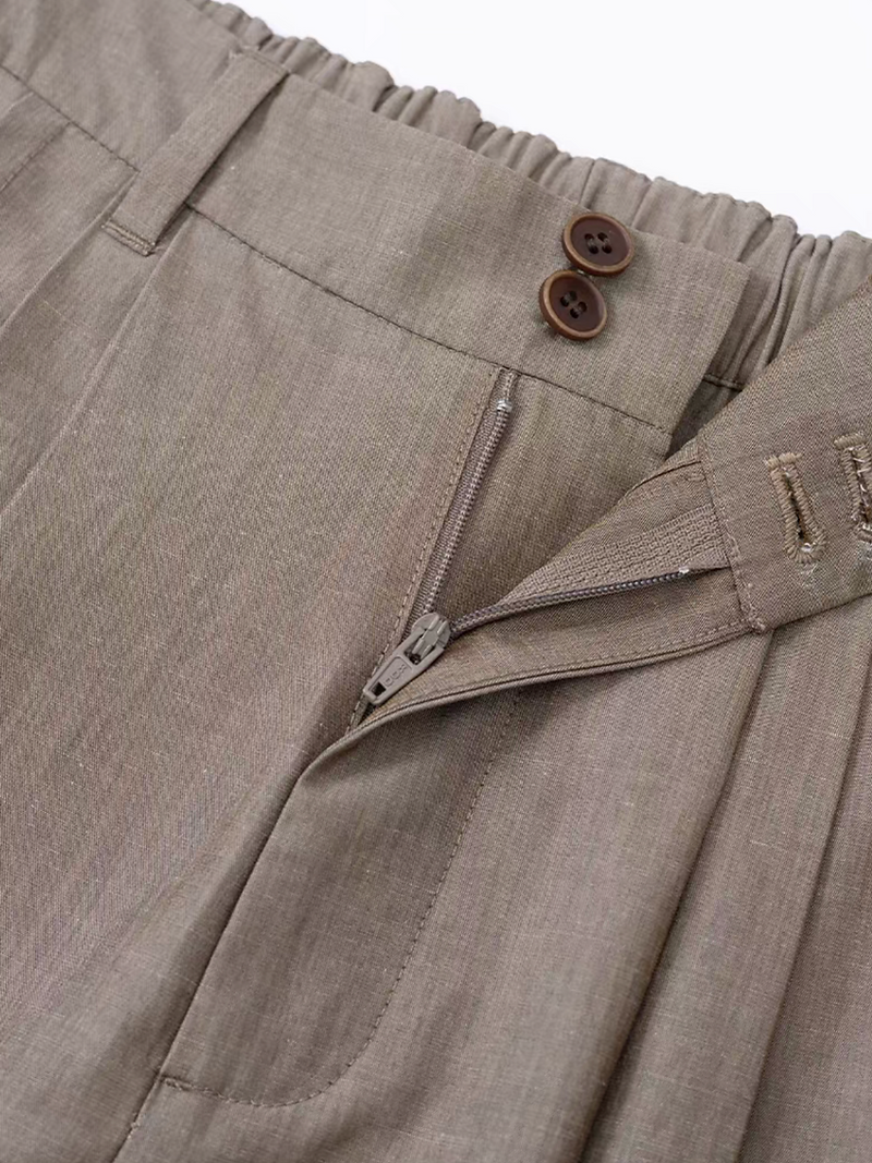 Khaki pure linen back elasticated pleated hemmed high waisted pants 10