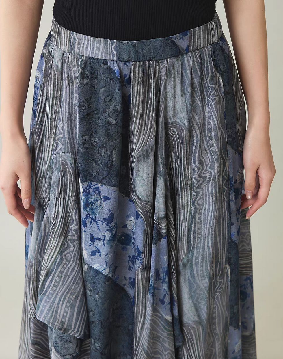 Thumbnail: Pure tencel asymetric blue patterned fluid elasticated skirt