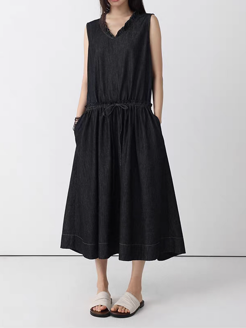 Dark denim V neck ruffles trim waist adjust drawstring sleeveless dress 2