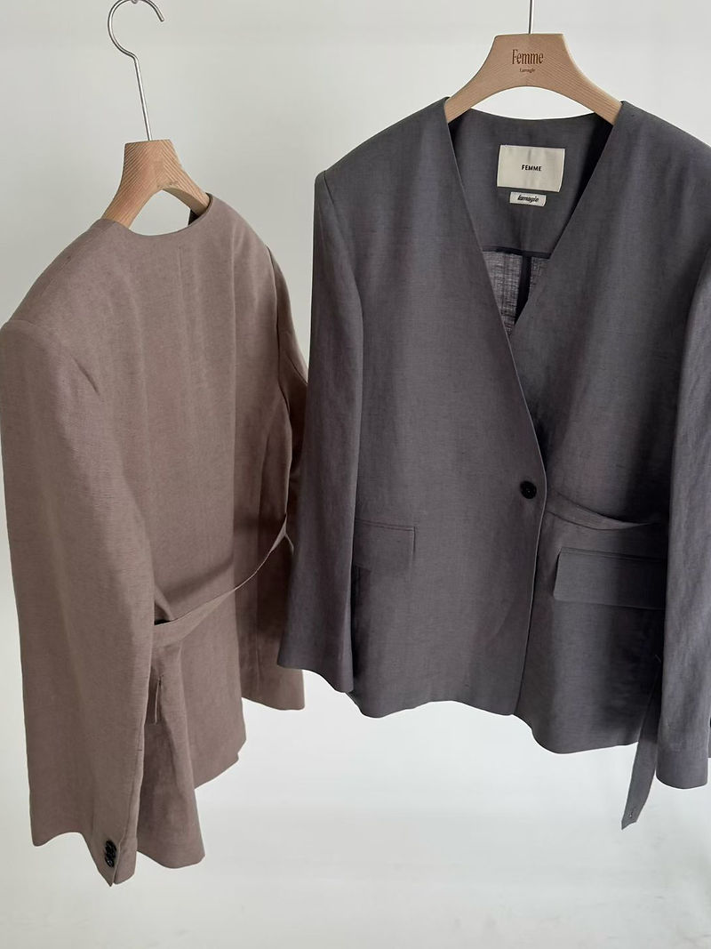 Belted linen V neck mid length jacket 2