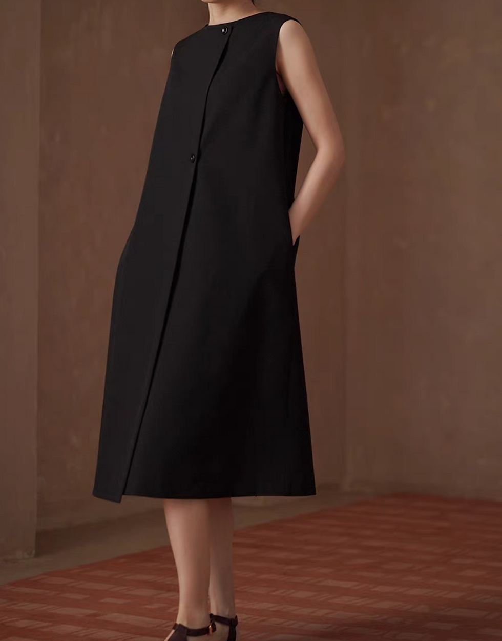 Thumbnail: Two way overlapping poly rayon black sleeveless dress