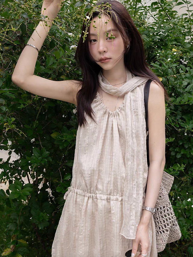 Checker poly sheer beige collaratte +sleeveless drawstring lined dress set 1