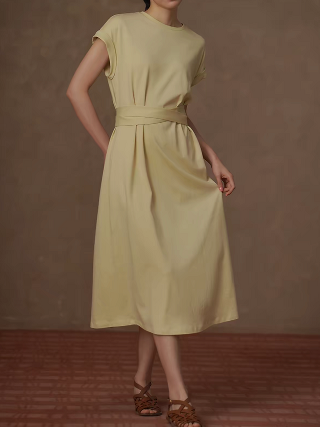 Two way belted lyocell cotton linen flutter sleeves beige pastel yellow dress 6