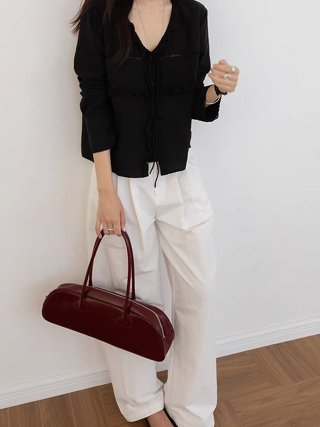 Cotton rayon high waisted pleated straight pants 11