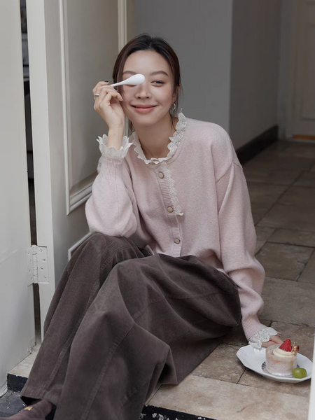 Connected lace trim wool nylon detailed buttoned cardigan