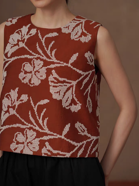 Brick red embroidered floral back buttoned poly rayon crochet side zipper vest