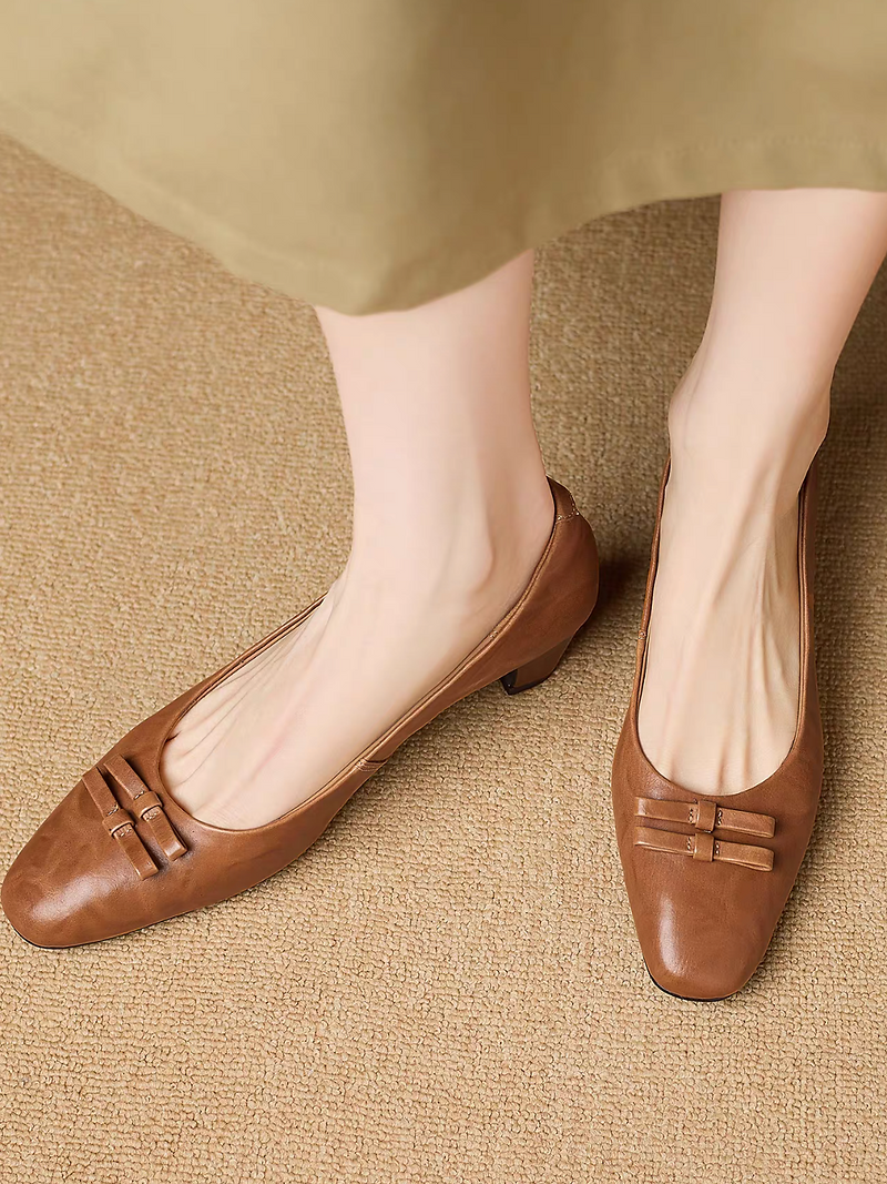 Brushed off calf leather double bows low heels 4