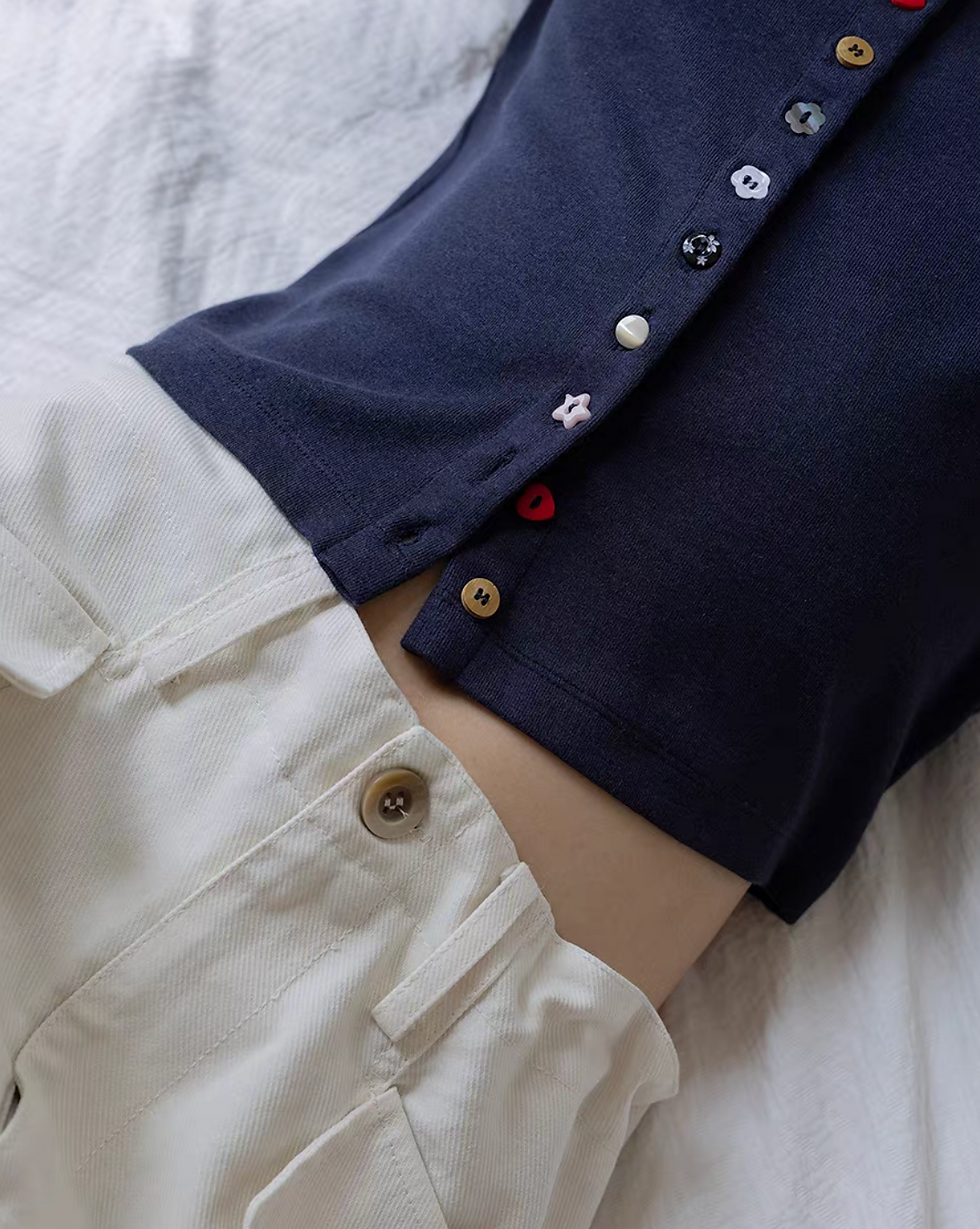 Thumbnail: Various colourful buttons modal 5% wool cotton stretchy cardigan