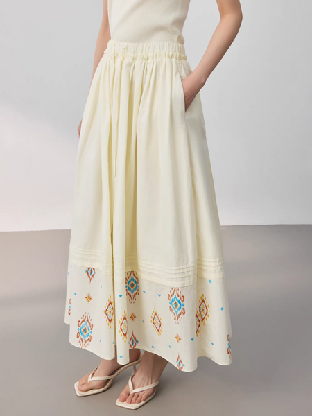 Cream ivory pleated embroidered linen cotton elasticated drawstring skirt