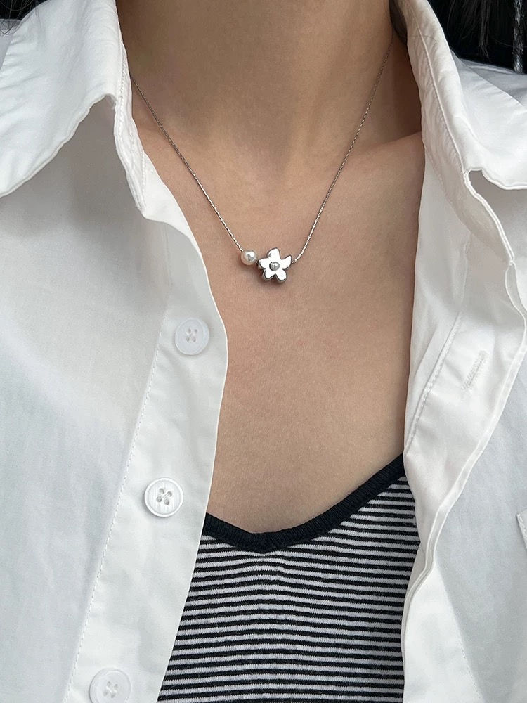 Thumbnail: 925 silver flower & alloy plastic pearl necklace 