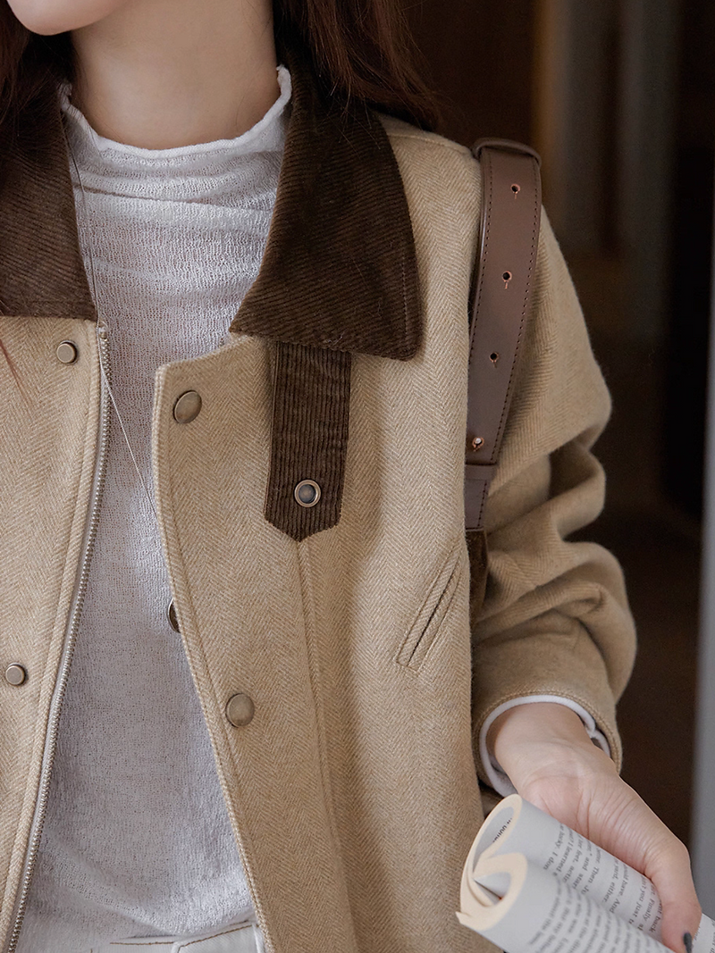 Docking suede collar two way khaki ribbed corduroy wool rayon polo jacket 11