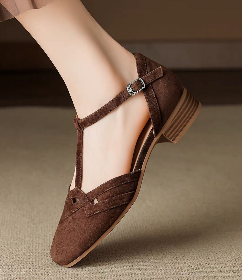 Thumbnail: Bi color contour lambskin T strap round toe Mary Janes