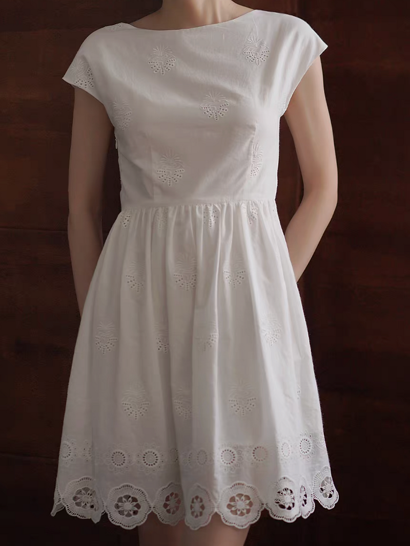 Pure cotton flutter sleeves high waisted crochet lined white dress 2