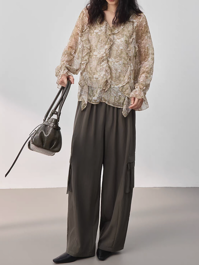 Beige khaki poly chiffon floral print ruffle blouse 6