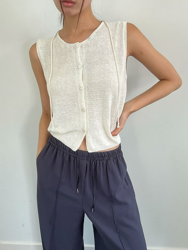 Drawstring crewneck knitted linen nylon cotton crewneck top  12