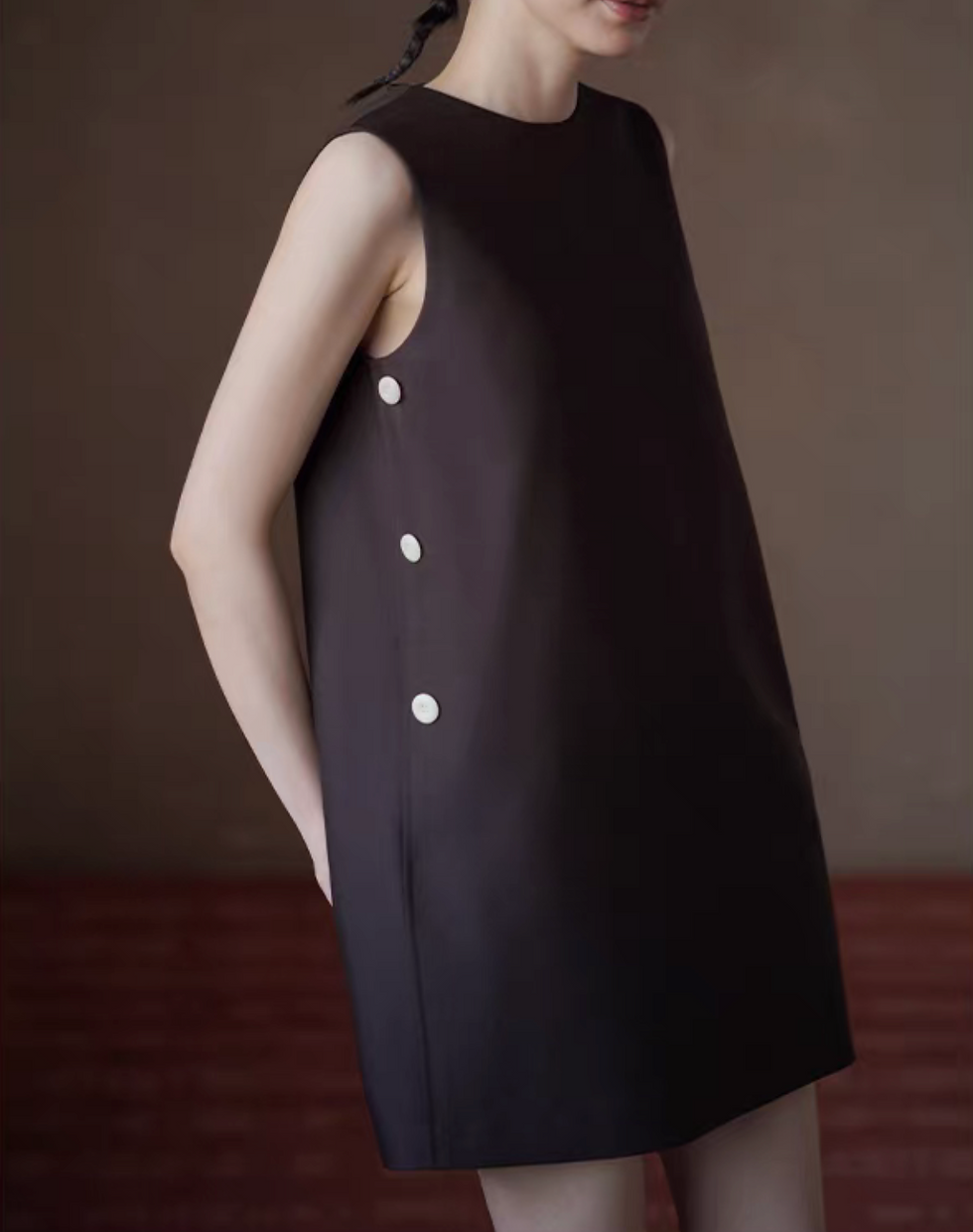 Thumbnail: Poly rayon back zipped crewneck side buttoned bordeaux sleeveless dress