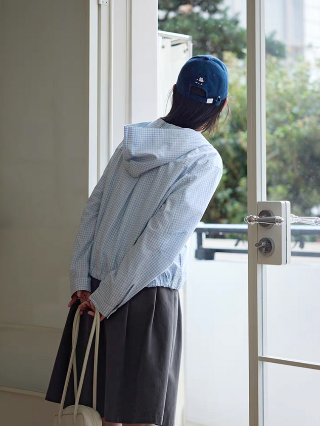 Checker blue cotton embroidered toasts hoodie drawstring jacket 6