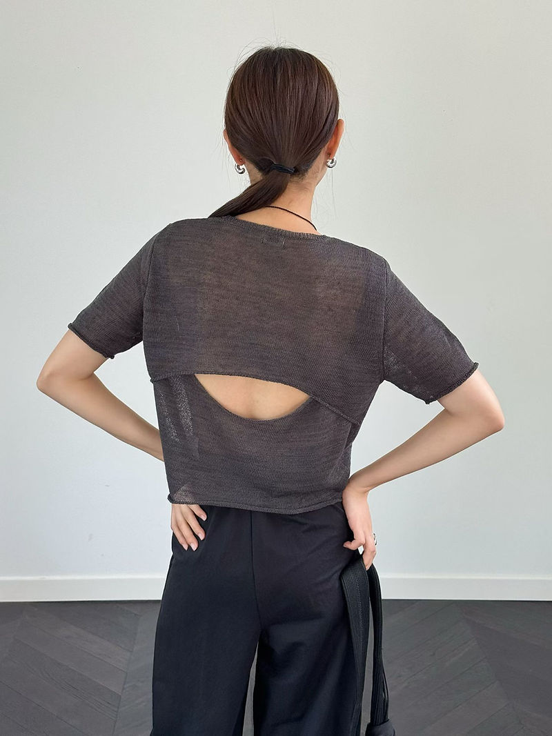 Back crochet crewneck knitted cotton poly shortsleeved top 1