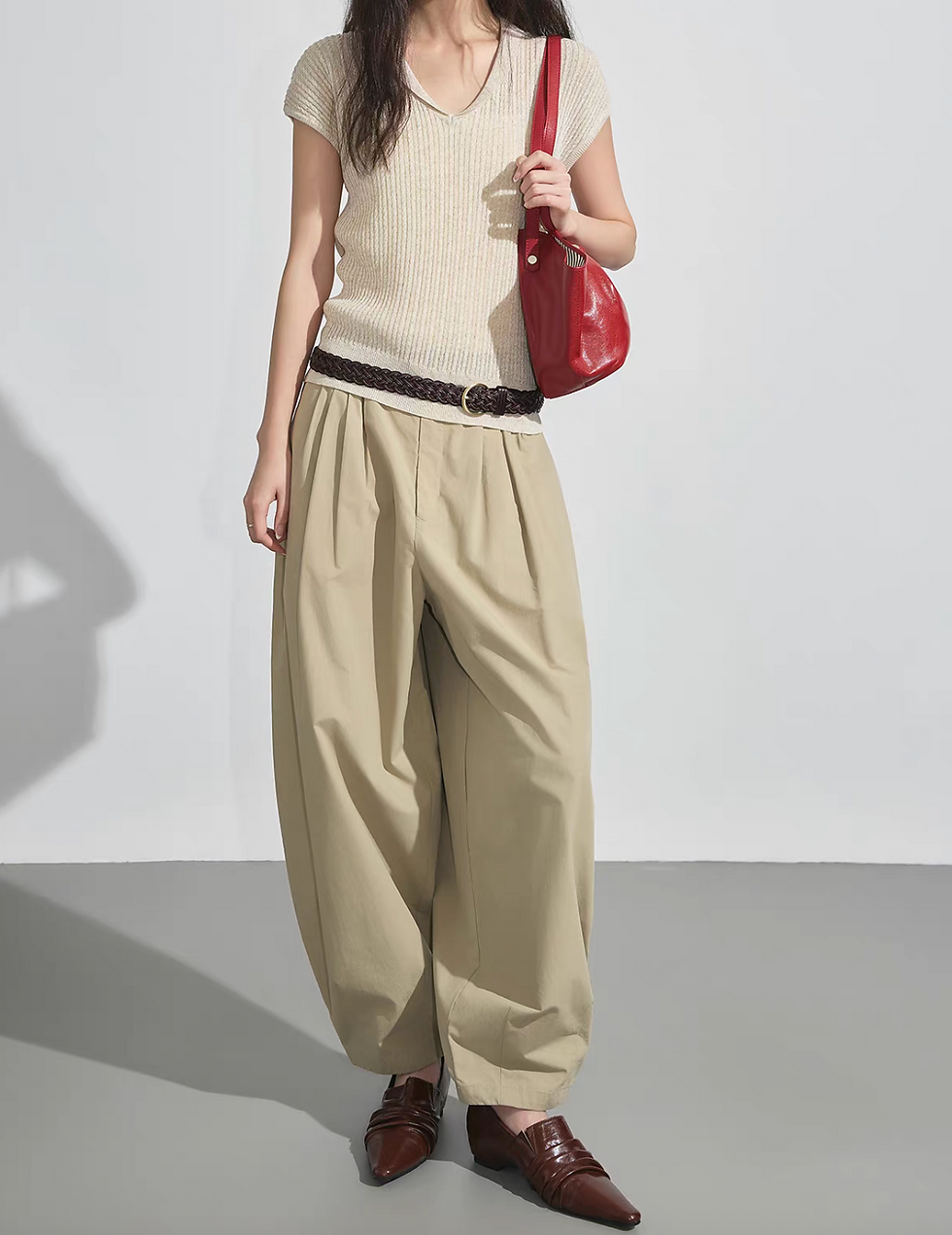 Thumbnail: Beige lyocell linen sailor collar cable knitted top