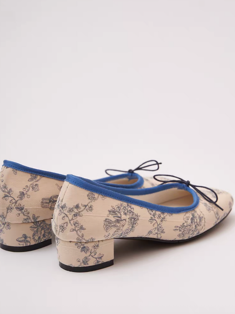 Calf leather fabric sketch print ribbon flats 4