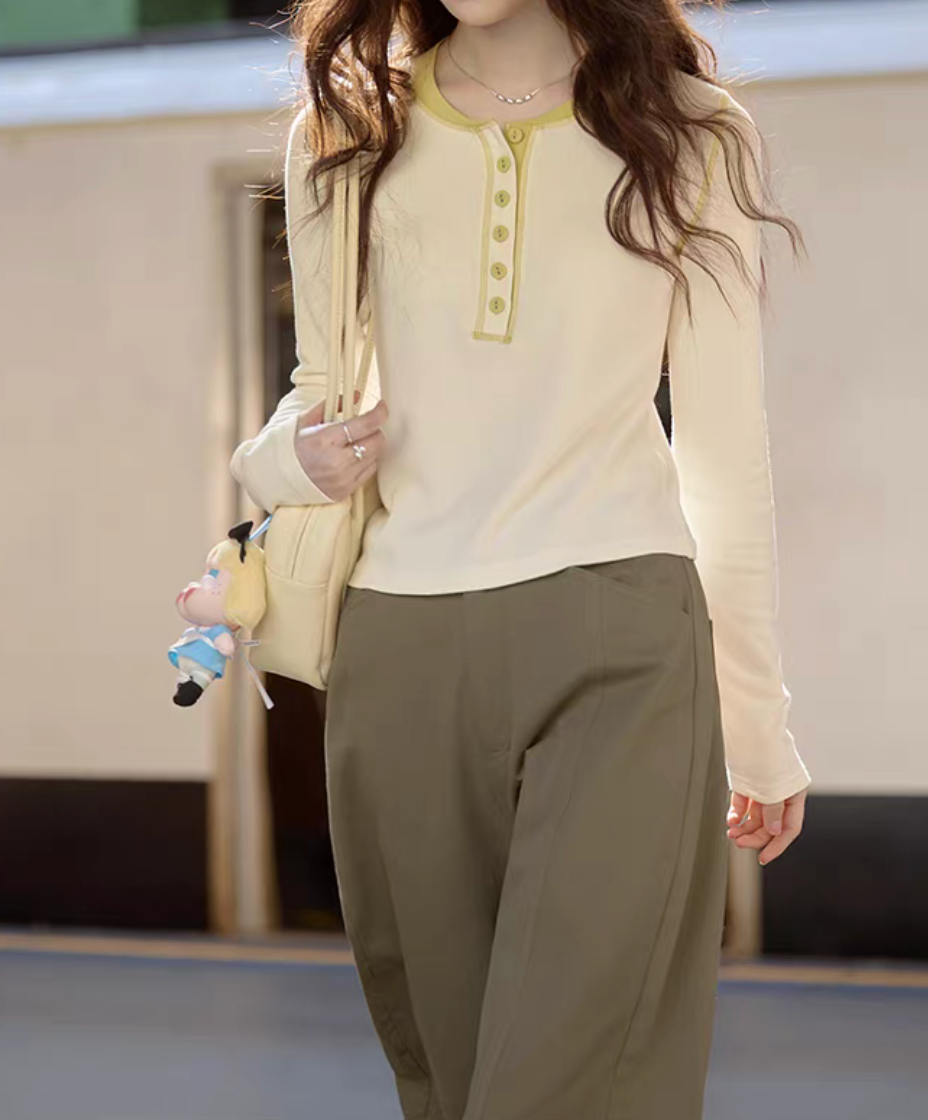 Thumbnail: Color blocking crewneck buttoned modal cotton tee