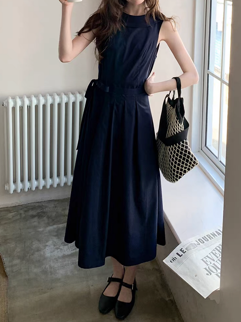 Navy folded collar side knot pleated cotton rayon sleeveless dress 5