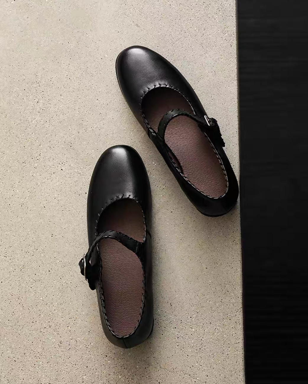 Stitched trim brushed off calf leather Mary Janes