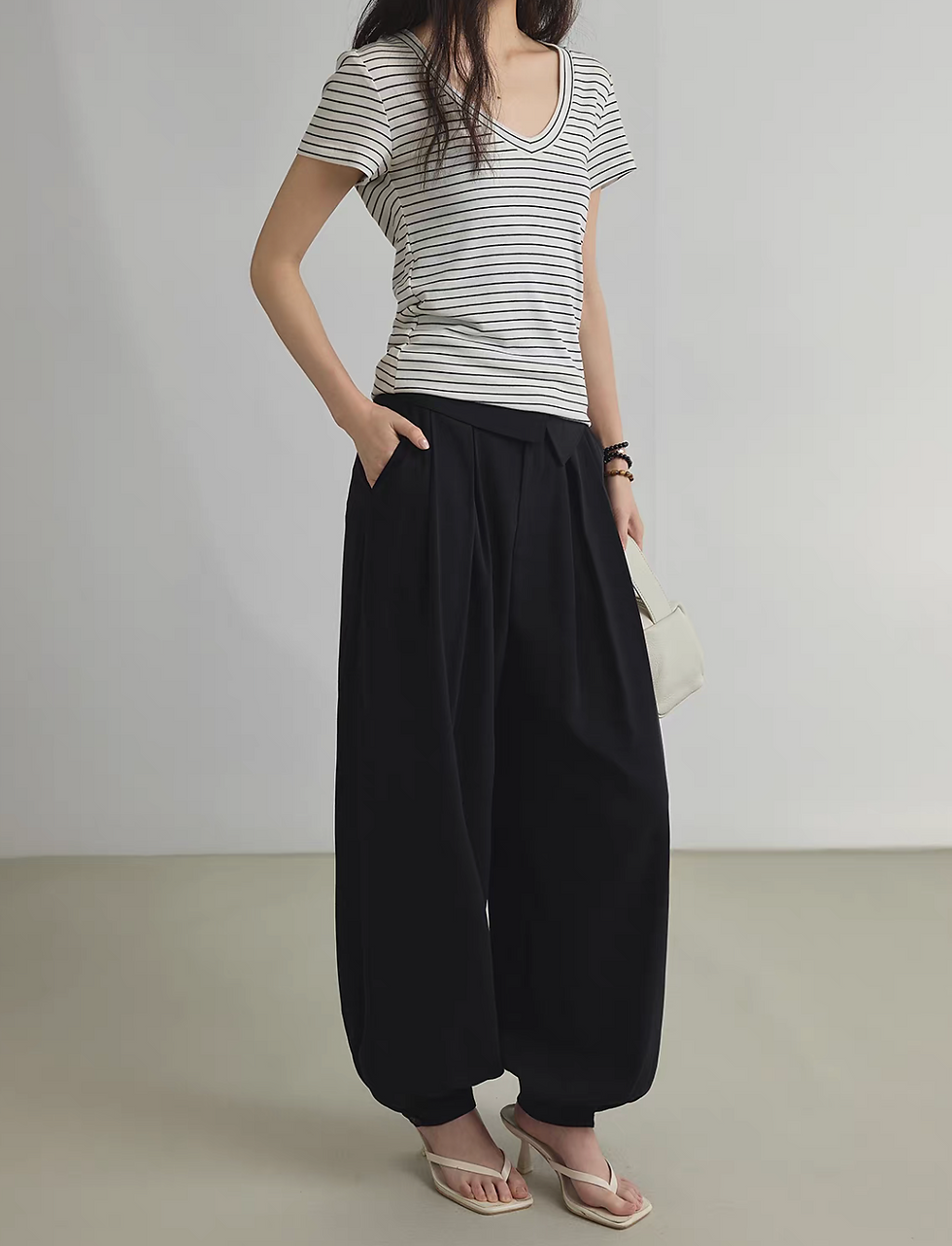 Thumbnail: Folded waistband taper wool poly rayon high rise pants