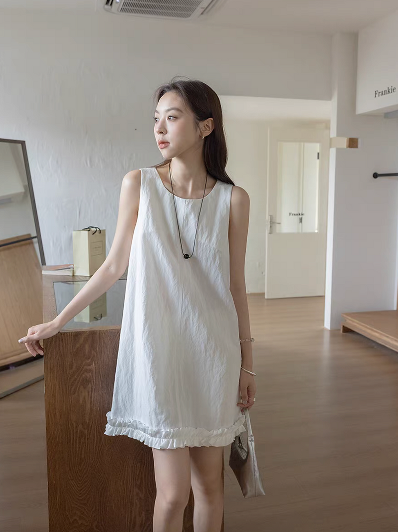 White crewneck ruffles trim rayon nylon sleeveless dress / vest 1
