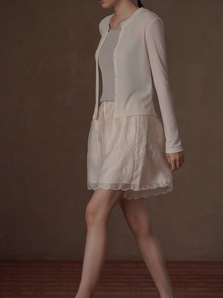 Ivory beige laced trim layered tencel lyocell rayon drawstring shorts 8