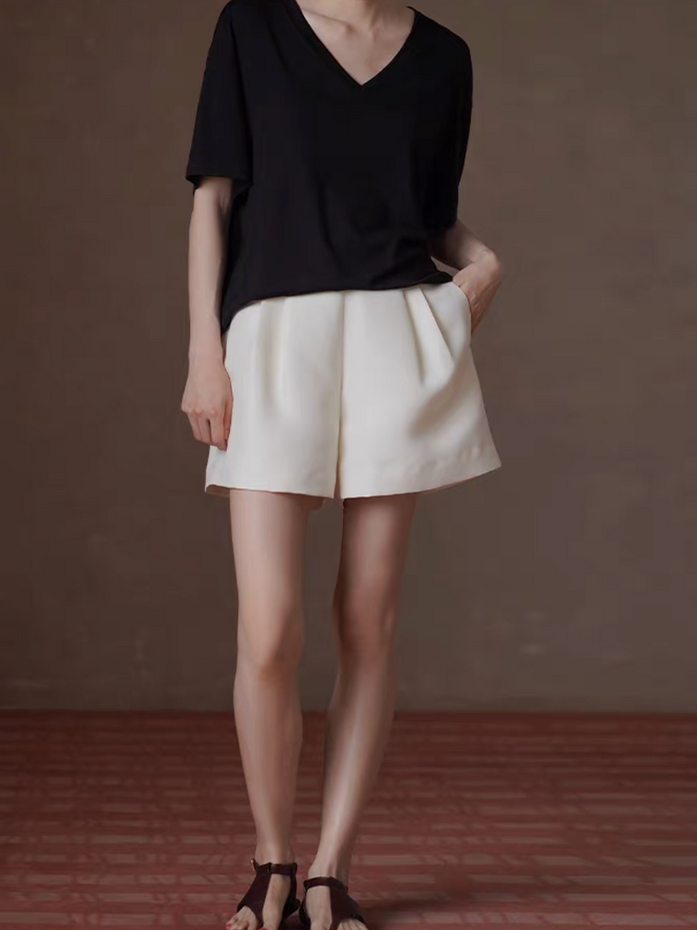 Back elasticated ivory side zipped high waisted poly rayon shorts 8