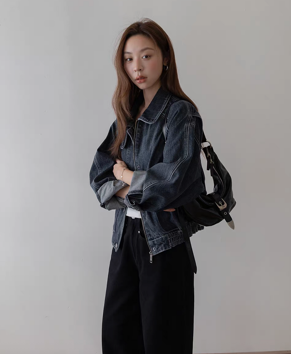 Thumbnail: Acid washed dark navy denim polo two way denim jacket