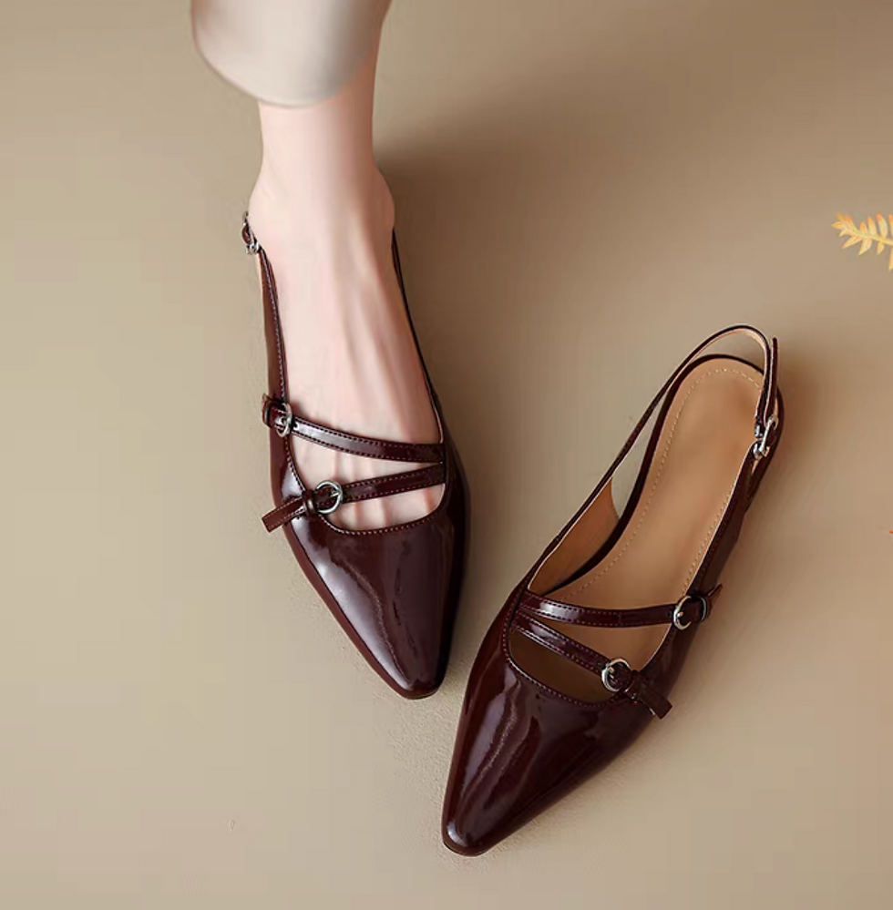 Thumbnail: Oil waxed calf leather diagonal straps pointy sling back shoes