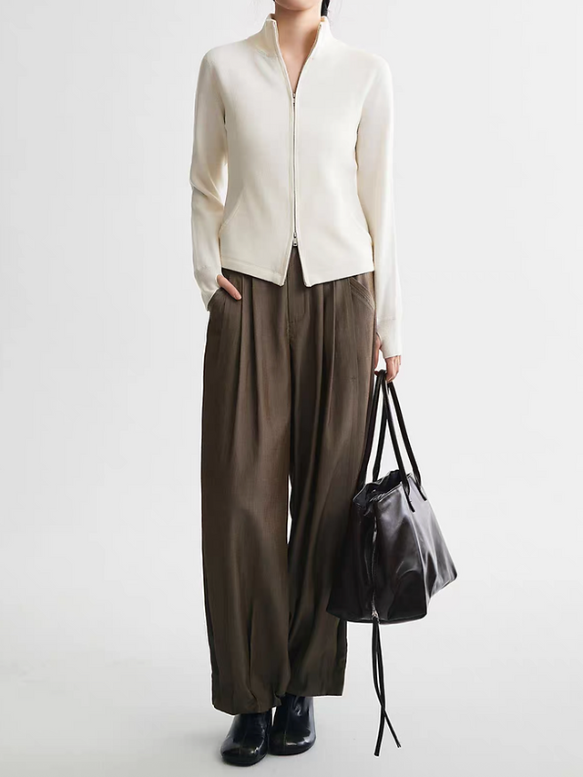 Khaki pure linen back elasticated pleated hemmed high waisted pants 2