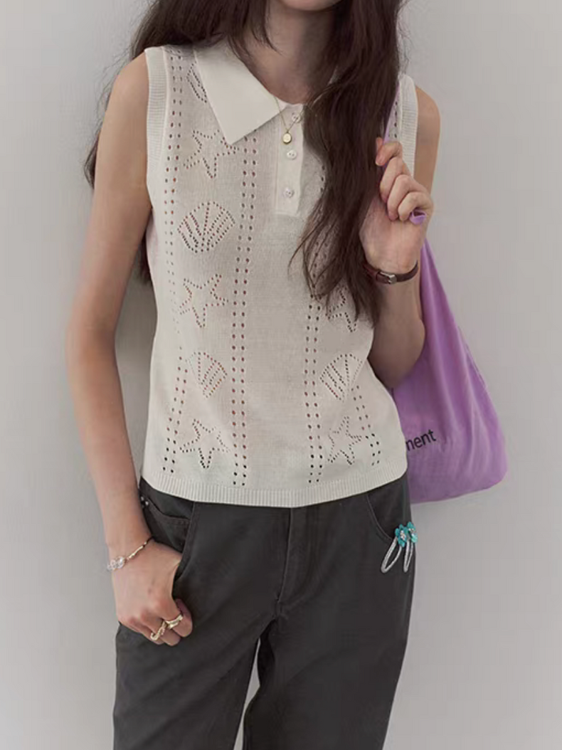 Shell patterned crochet ivory cotton rayon polo knitted vest 4