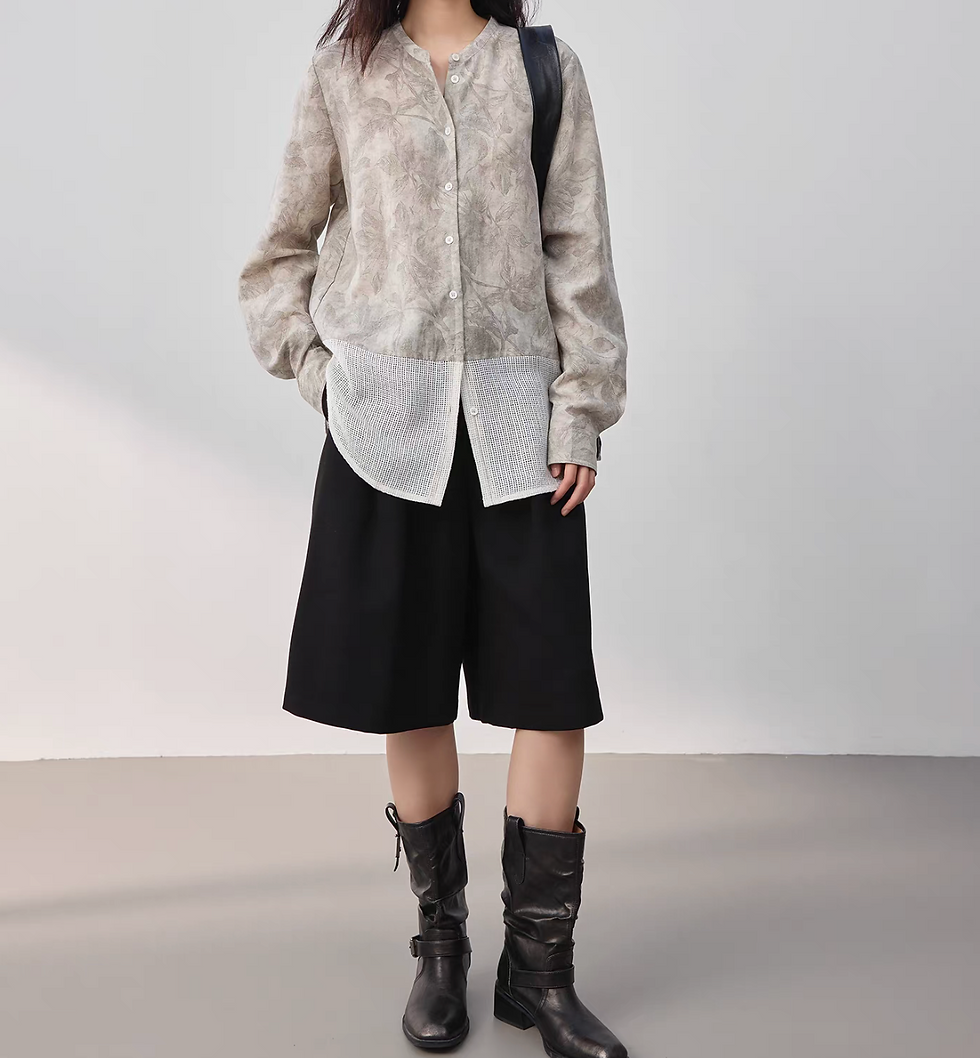 Thumbnail: Linen lyocell chiffon poly buttoned docking floral beige blouse / shirt