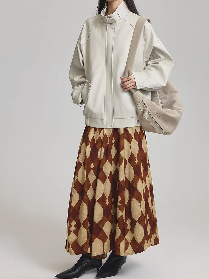 High waisted camel beige color patterned tencel rayon side pockets table skirt 2