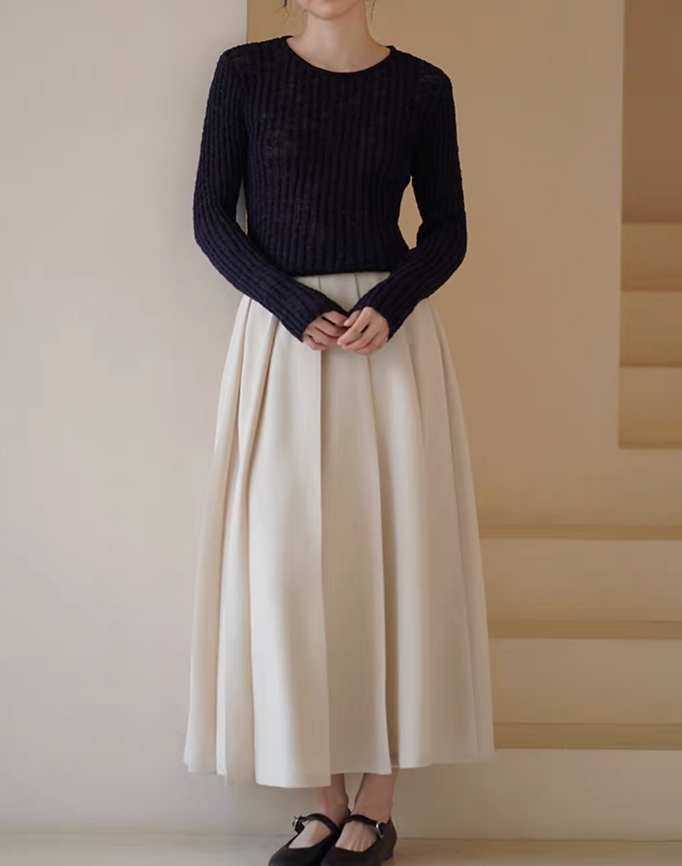 Thumbnail: Minimalistic pleated A line poly rayon ivory zipper skirt